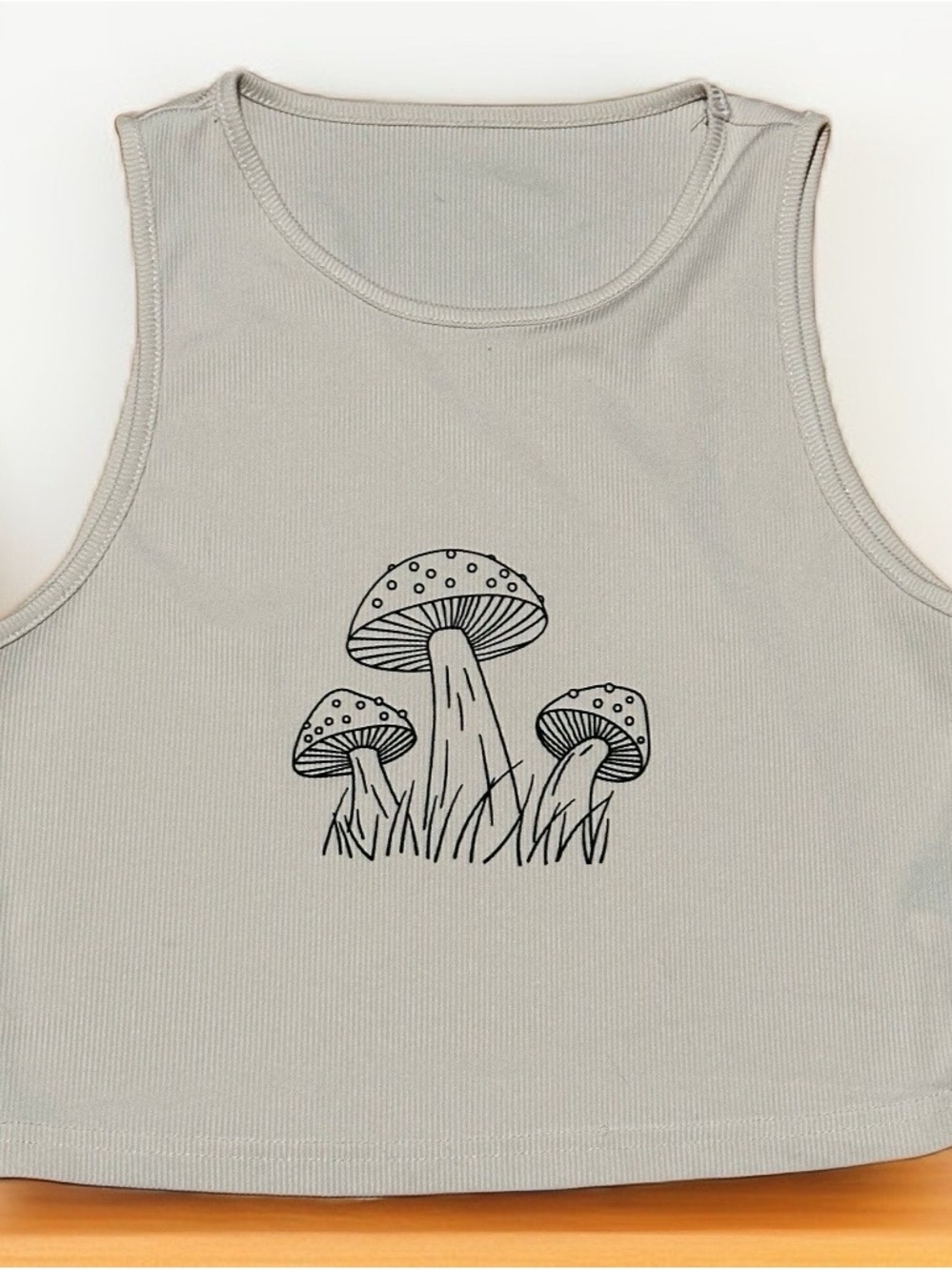Women’s Ribbed Crop Tank Top with Mushroom Graphic - Tan